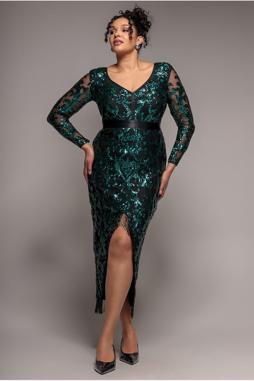 Goddiva Plus Tassel & Sequin Midaxi With Front Split – Emerald Green