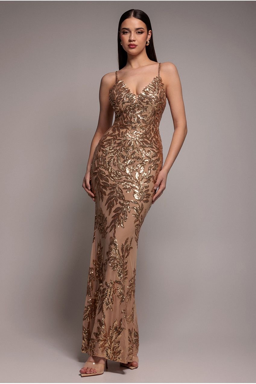 Goddiva Cross Back Diamante Strap Sequin Maxi – Gold
