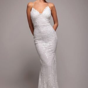 Goddiva Cross Back Diamante Strap Sequin Maxi - White