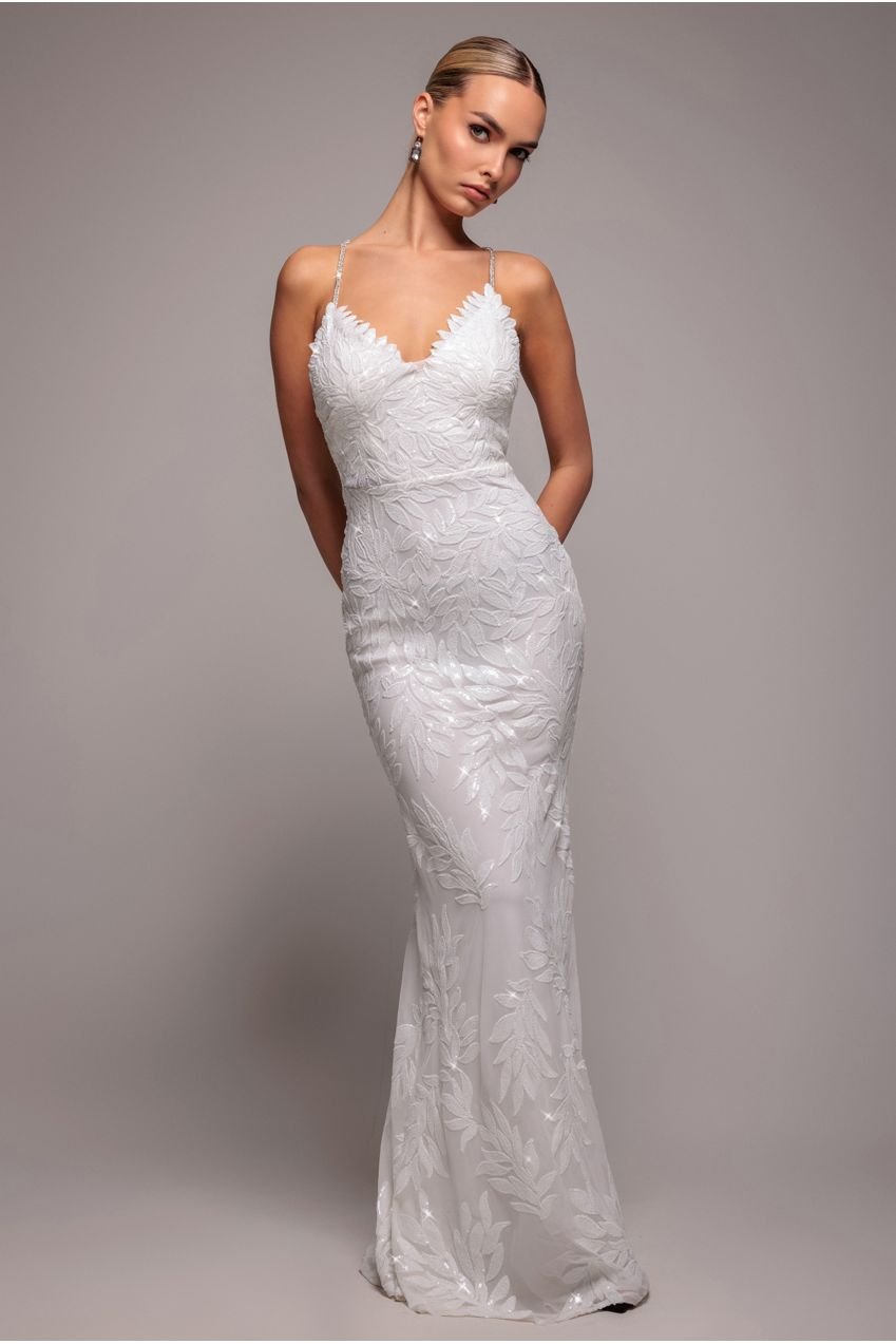Goddiva Cross Back Diamante Strap Sequin Maxi – White