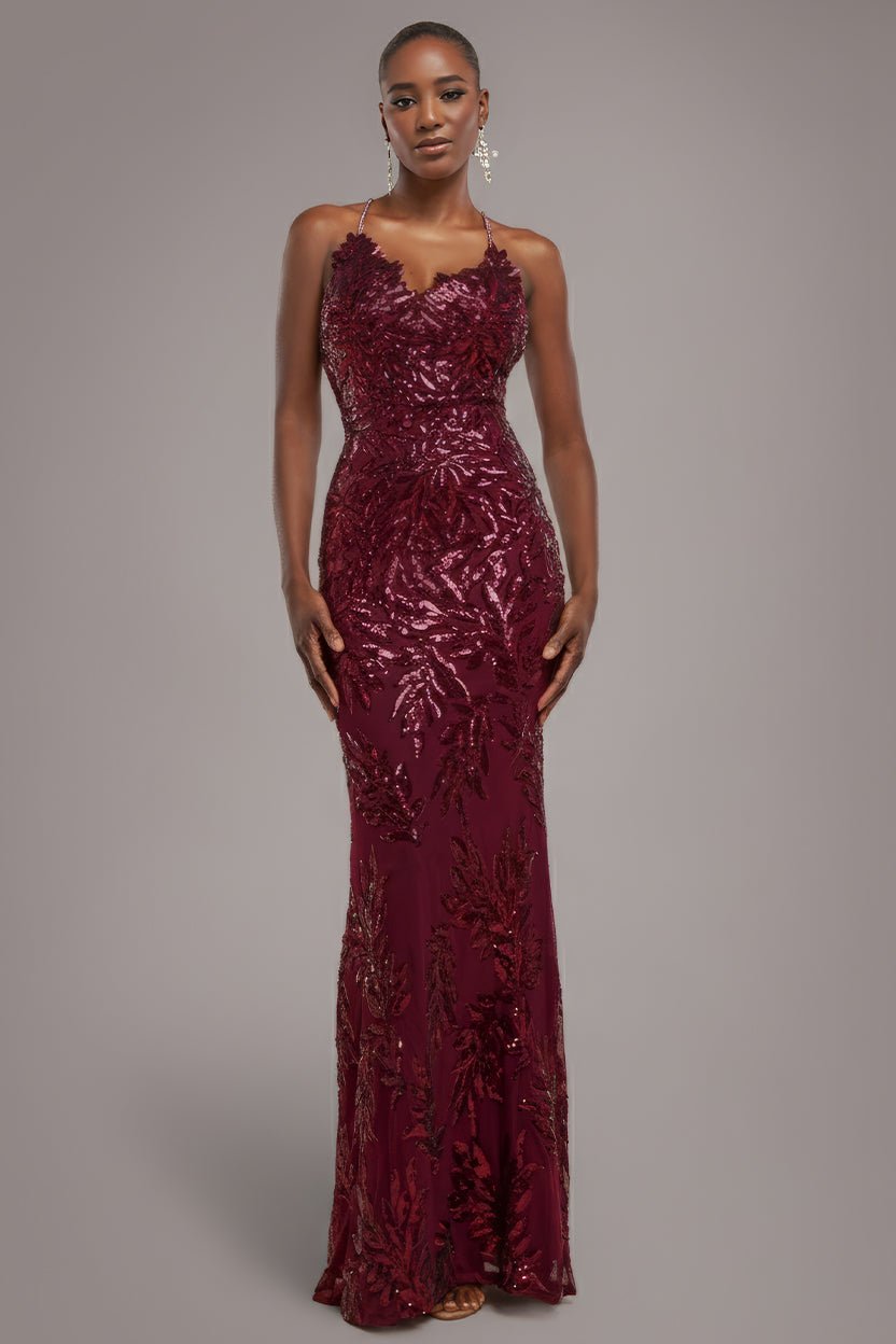 Goddiva Cross Back Diamante Strap Sequin Maxi – Burgundy