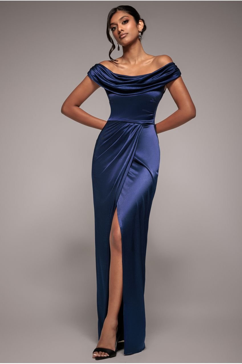 Goddiva Cowl Bardot Satin Twill Maxi Dress – Navy