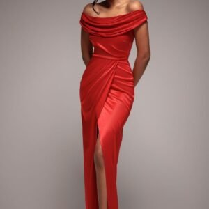 Goddiva Cowl Bardot Satin Twill Maxi Dress - Red