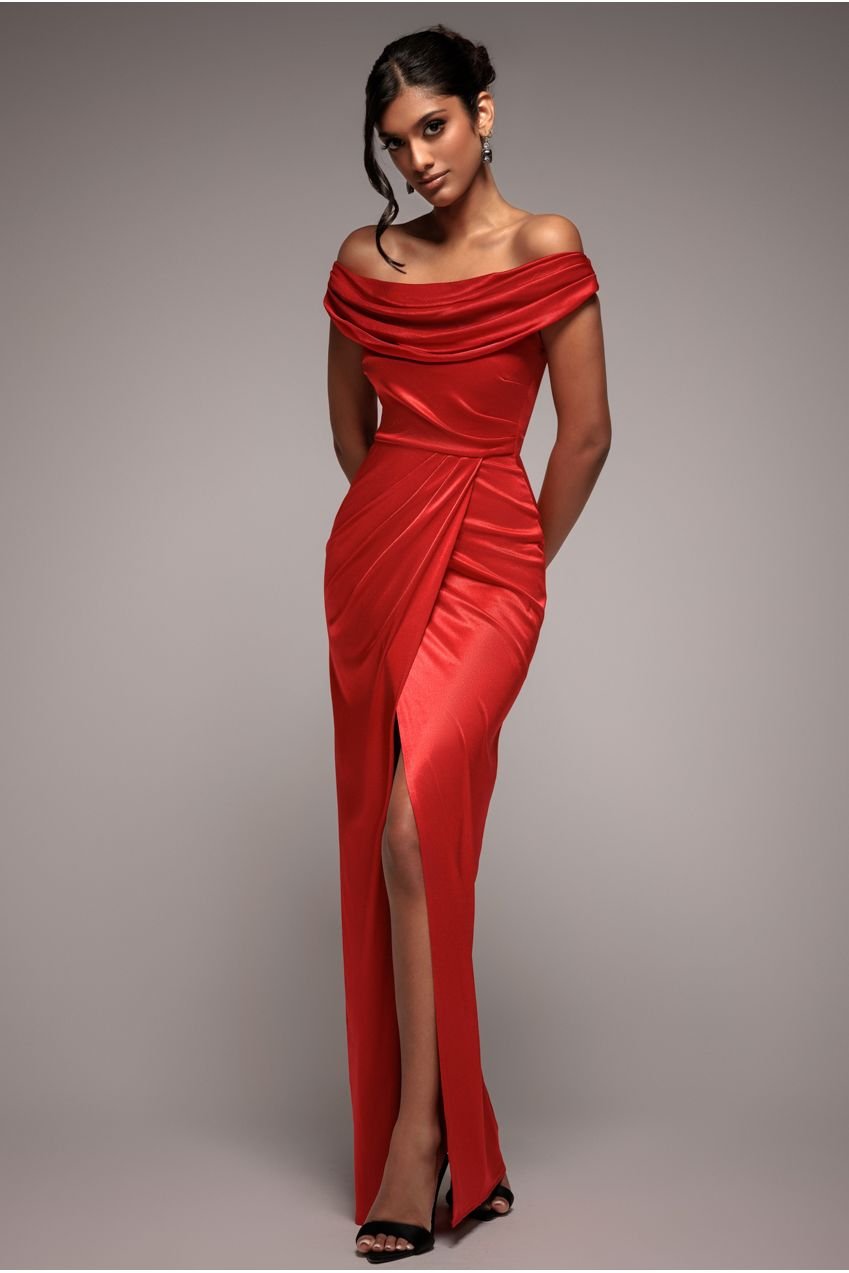 Goddiva Cowl Bardot Satin Twill Maxi Dress – Red