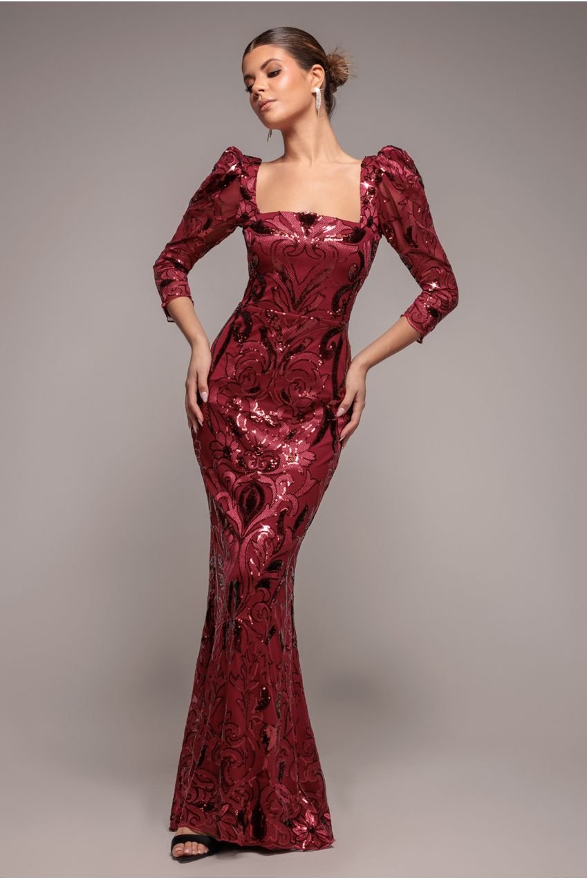 Goddiva Square Neck Scalloped Lace Maxi – Wine