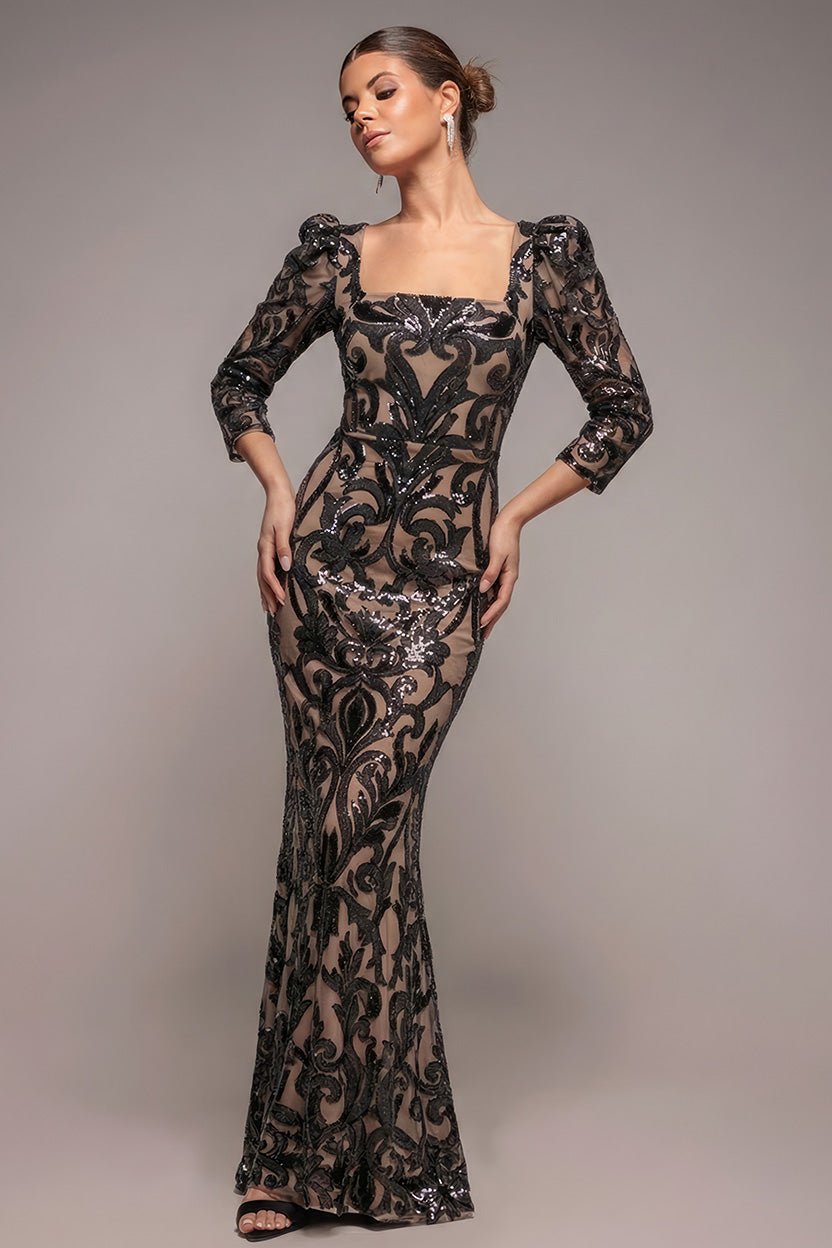 Goddiva Square Neck Scalloped Lace Maxi – Black