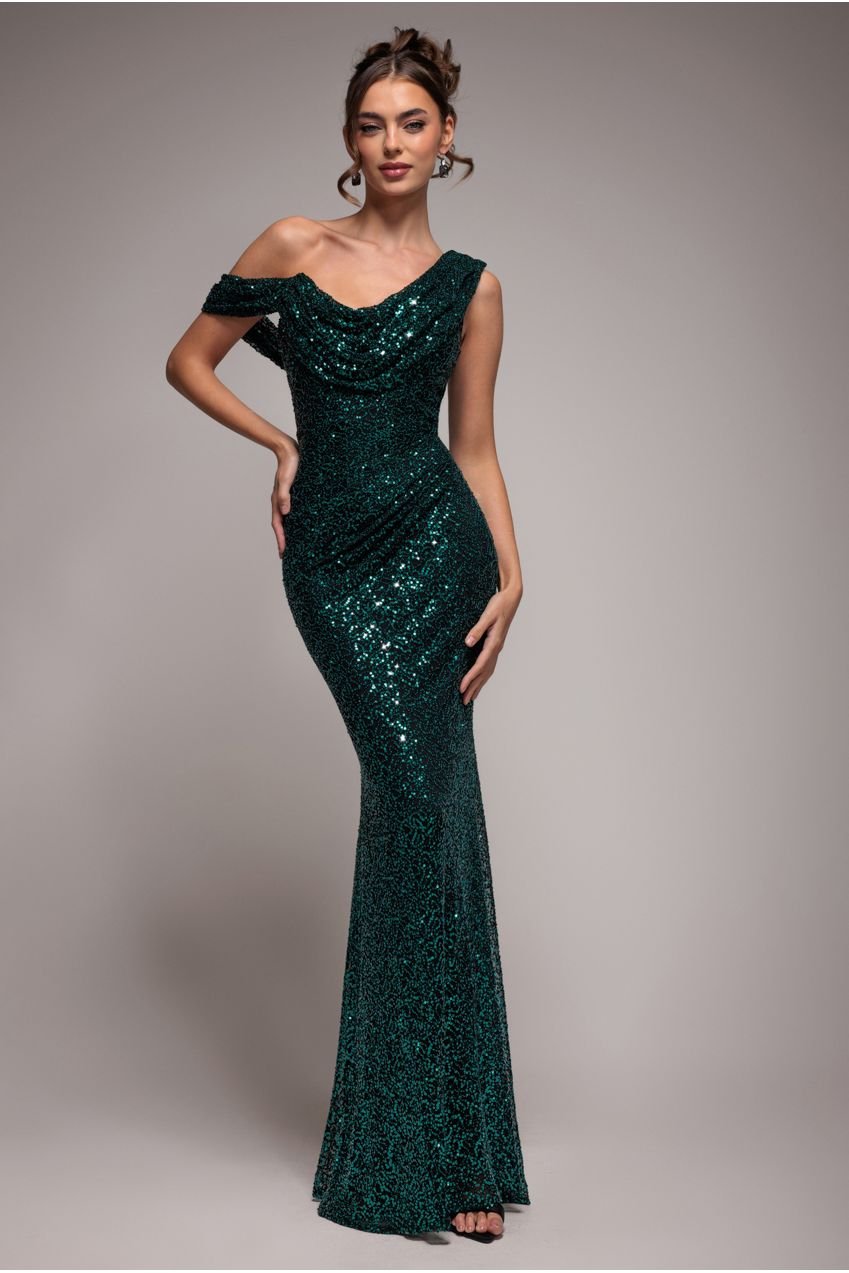 Goddiva Sequin Cowl One Shoulder Maxi Dress – Emerald Green