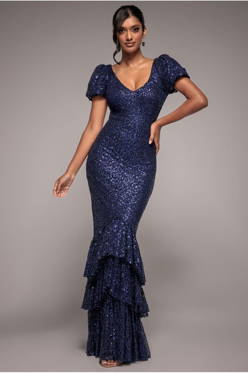 Goddiva Puff Sleeve Tiered Hem Maxi Dress – Navy