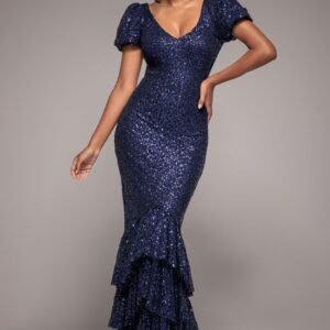 Goddiva Puff Sleeve Tiered Hem Maxi Dress - Navy