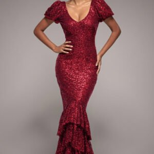 Goddiva Puff Sleeve Tiered Hem Maxi Dress - Wine