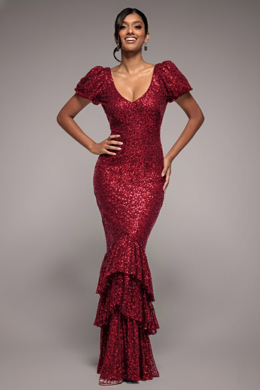 Goddiva Puff Sleeve Tiered Hem Maxi Dress – Wine