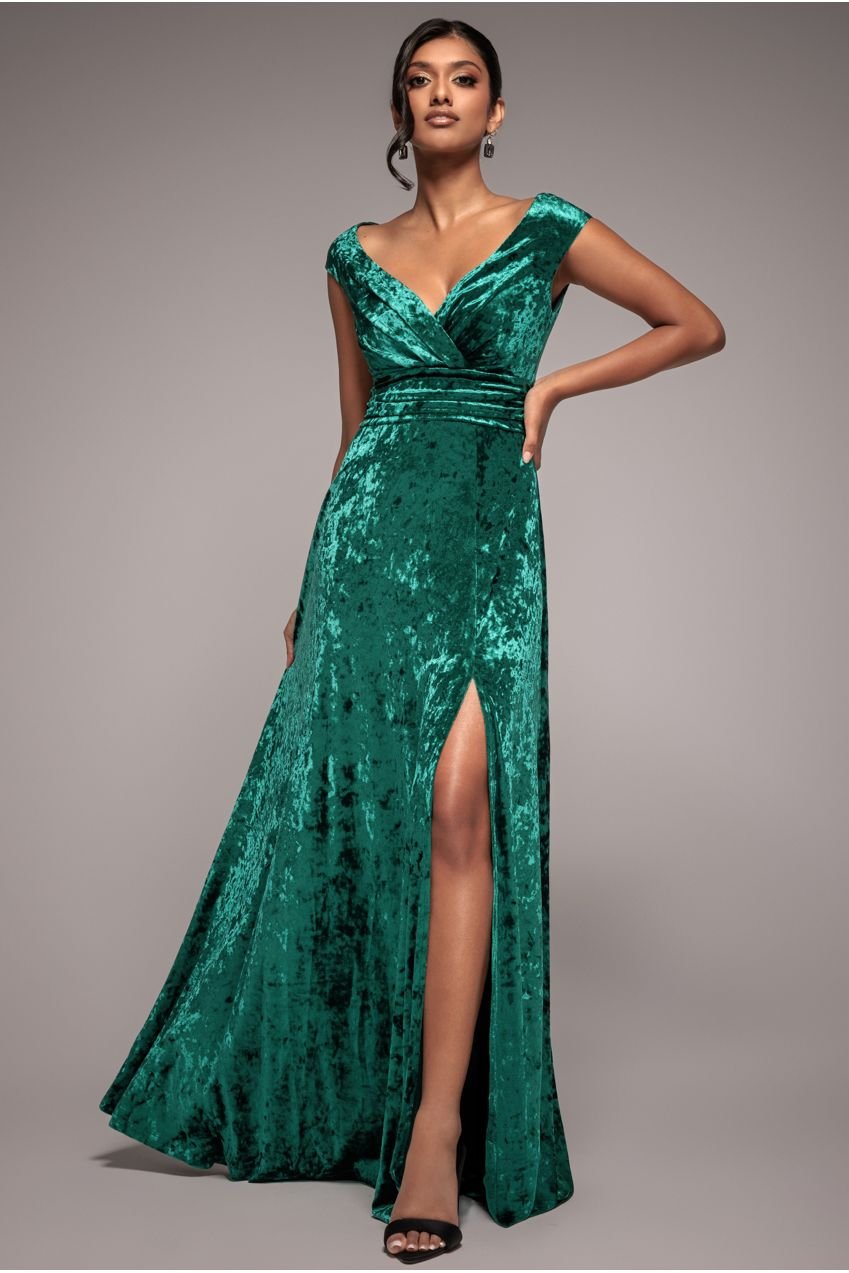 Goddiva Ice Velvet Bardot Wrap Maxi – Emerald Green