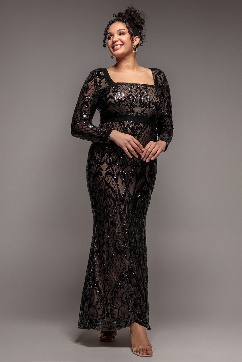 Goddiva Plus Sequin Square Neck Maxi With Scallop Hem – Black