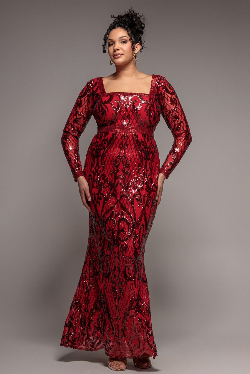 Goddiva Plus Sequin Square Neck Maxi With Scallop Hem – Red