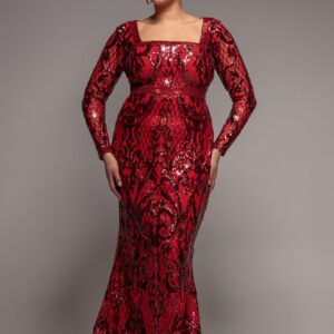 Goddiva Plus Sequin Square Neck Maxi With Scallop Hem - Red