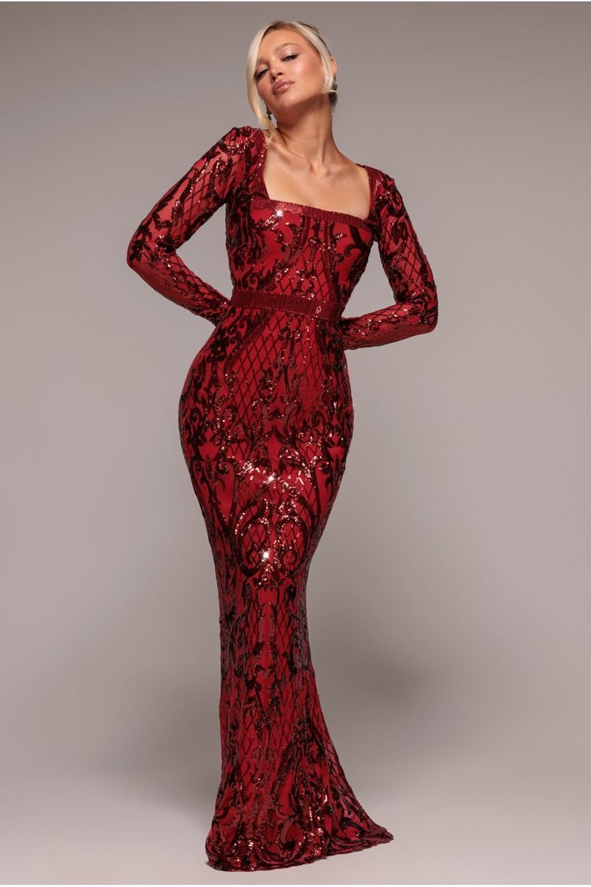 Goddiva Sequin Square Neck Maxi With Scallop Hem – Red