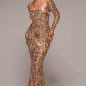 Goddiva Sequin Square Neck Maxi With Scallop Hem - Gold