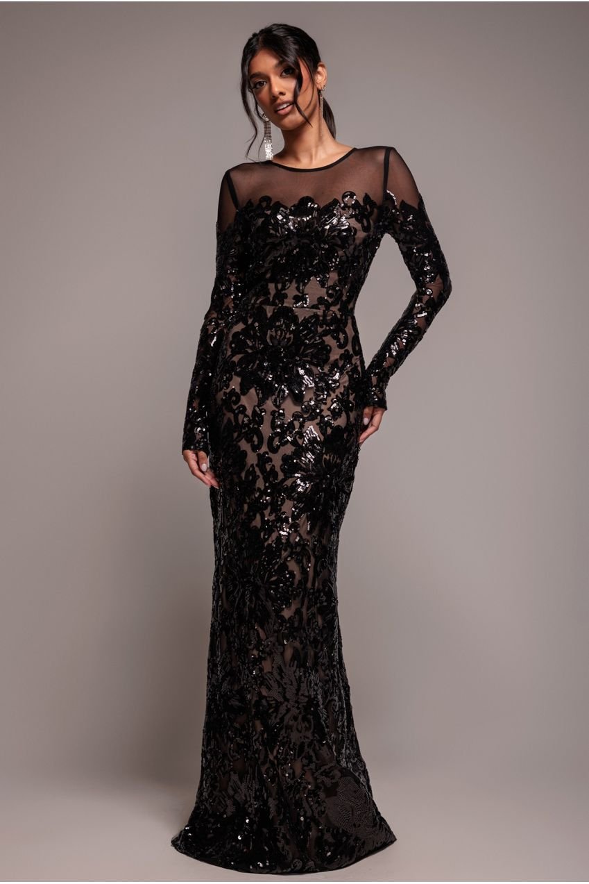 Goddiva Floral Sequin Mesh Maxi – Black