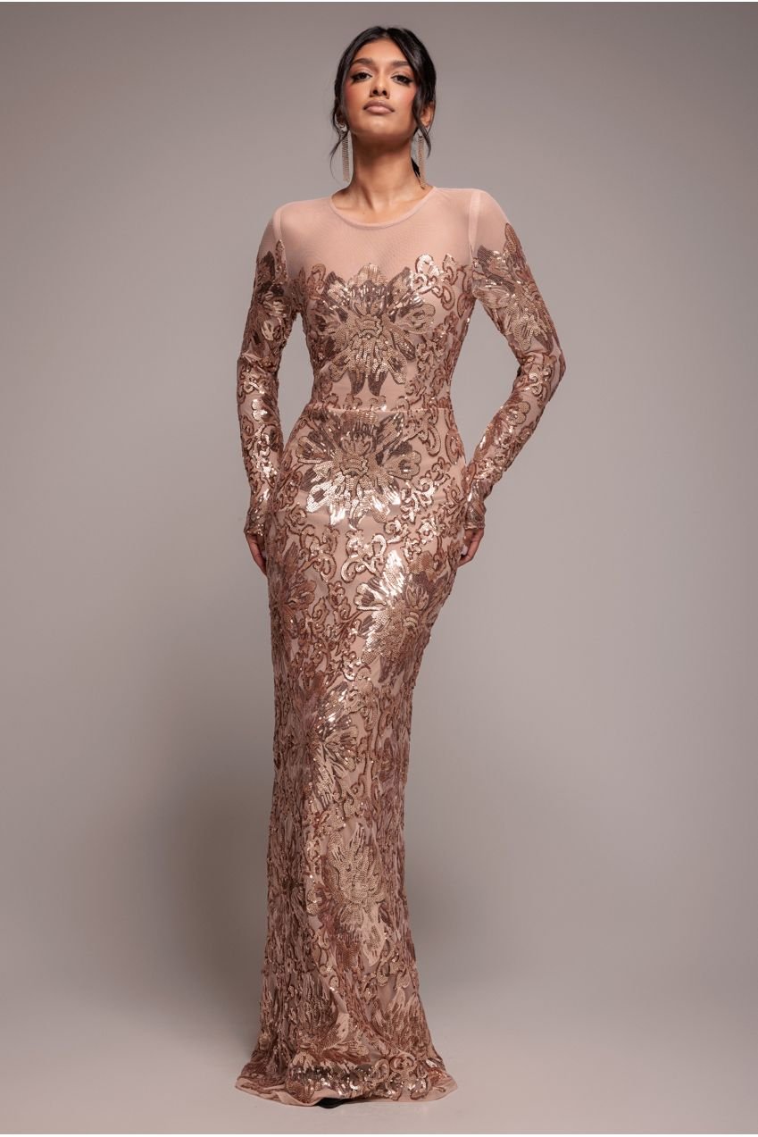 Goddiva Floral Sequin Mesh Maxi – Champagne