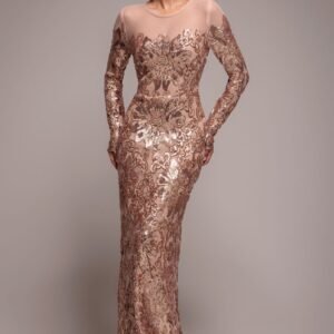 Goddiva Floral Sequin Mesh Maxi - Champagne