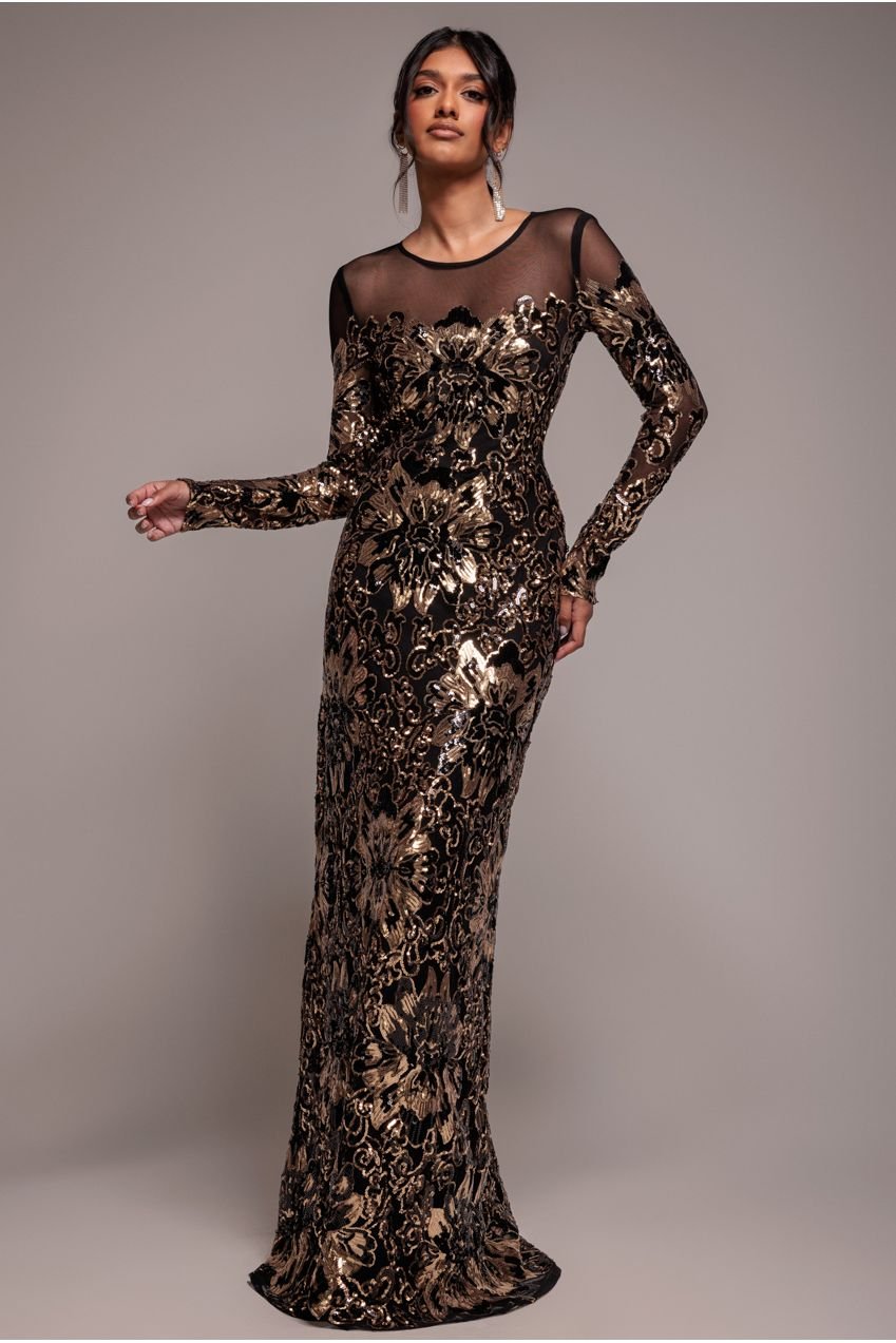 Goddiva Floral Sequin Mesh Maxi – Gold