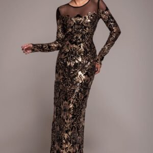 Goddiva Floral Sequin Mesh Maxi - Gold