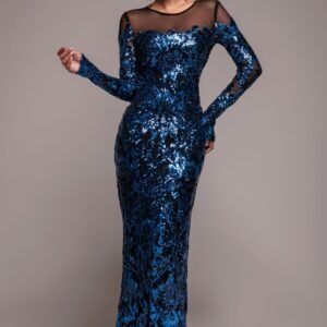Goddiva Floral Sequin Mesh Maxi - Navy