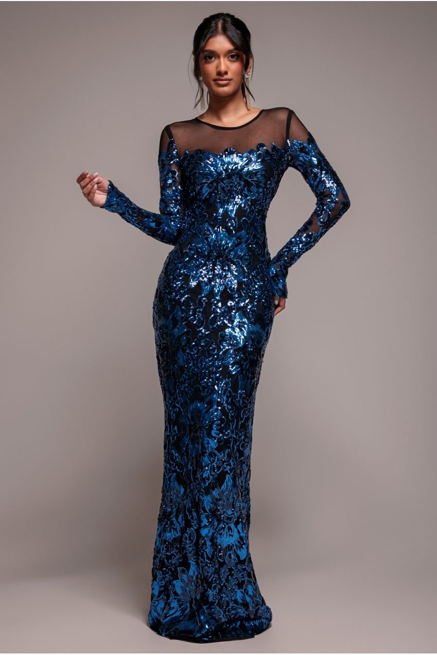 Goddiva Floral Sequin Mesh Maxi – Navy