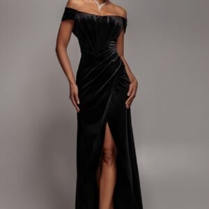 Goddiva Draped Shoulder Velvet Corset Maxi Dress - Black
