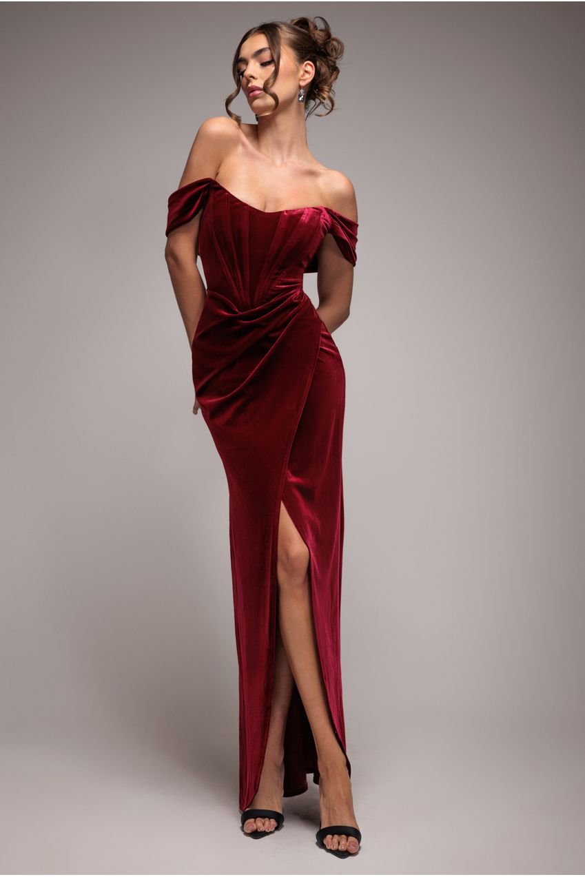 Goddiva Draped Shoulder Velvet Corset Maxi Dress – Wine