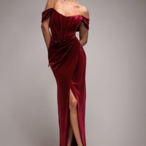 Goddiva Draped Shoulder Velvet Corset Maxi Dress - Wine