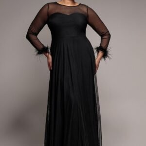 Goddiva Plus Dobby Mesh Feather Sleeve Hem Maxi Dress - Black