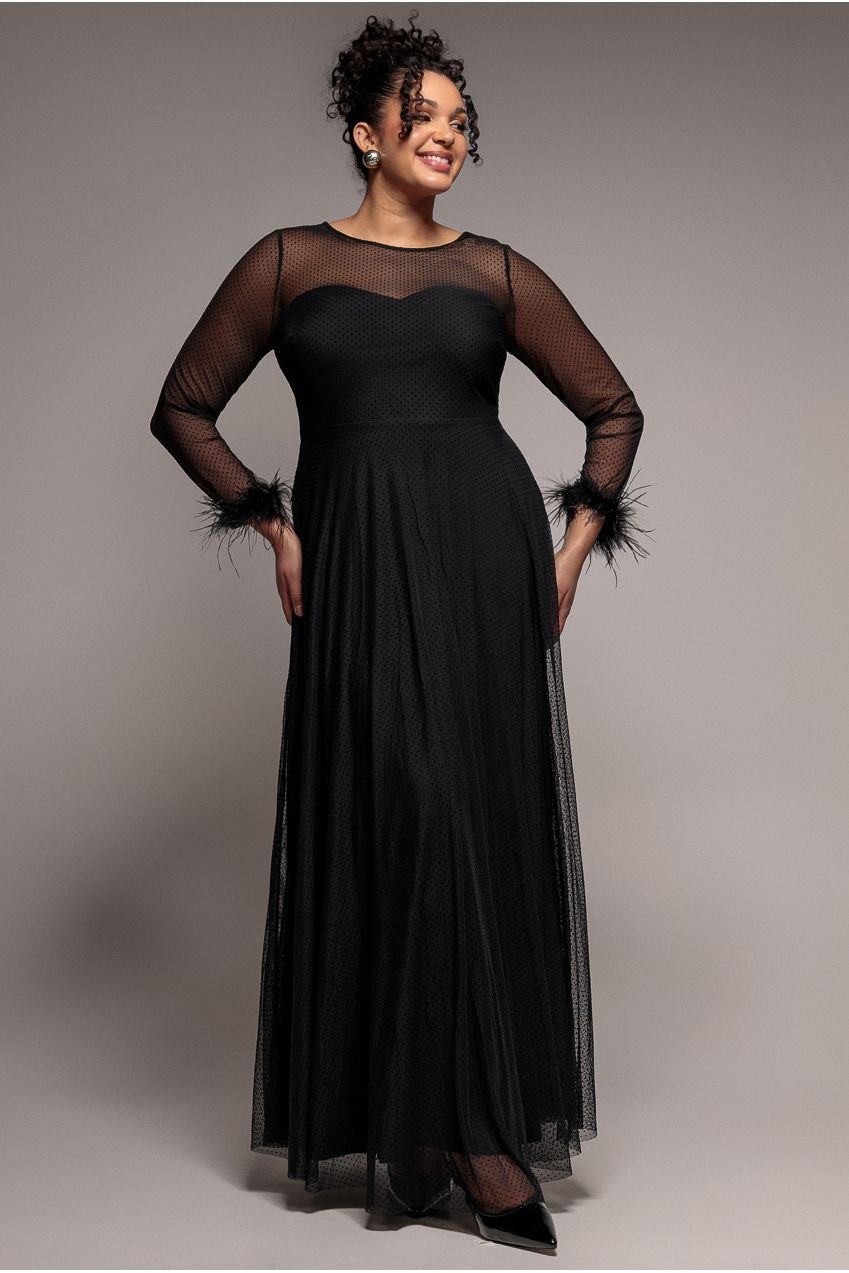 Goddiva Plus Dobby Mesh Feather Sleeve Hem Maxi Dress – Black