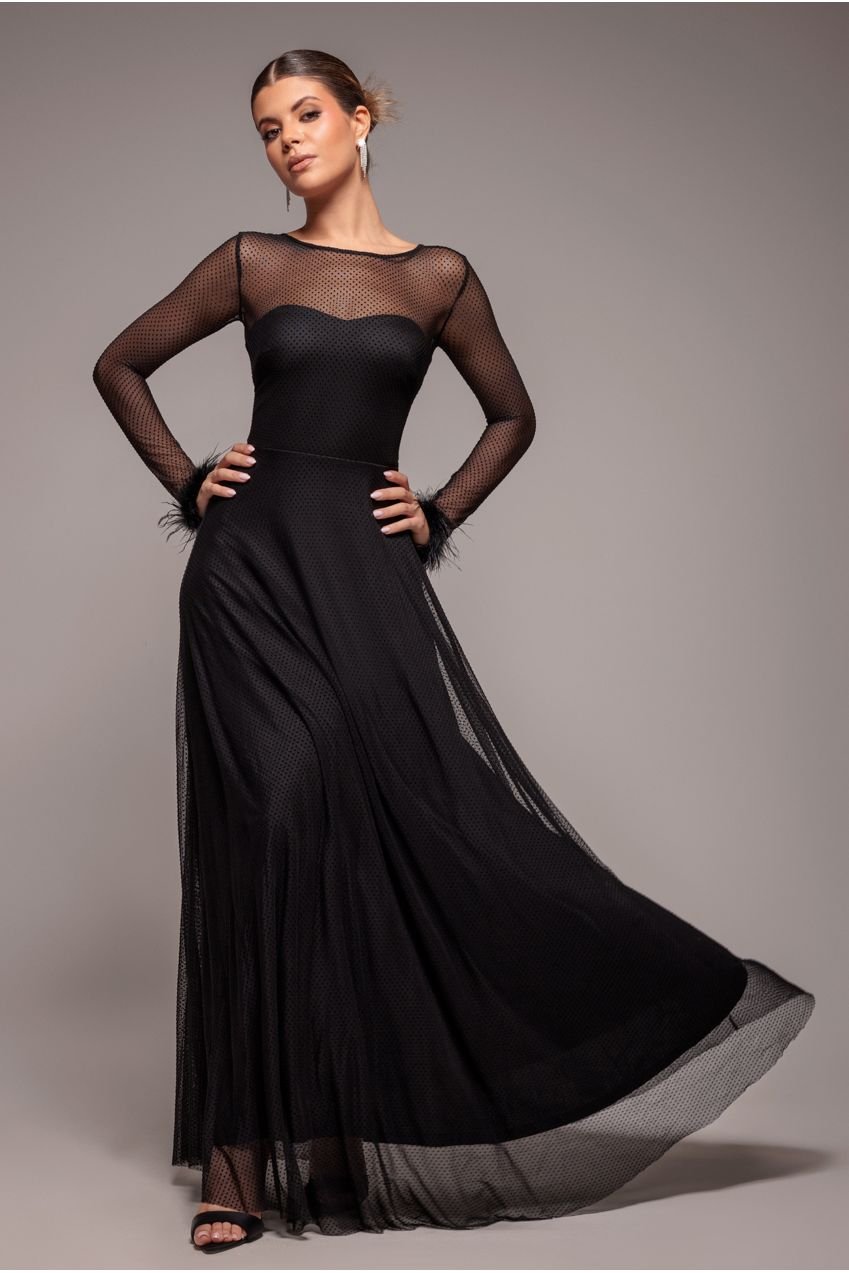 Goddiva Dobby Mesh Feather Sleeve Hem Maxi Dress – Black