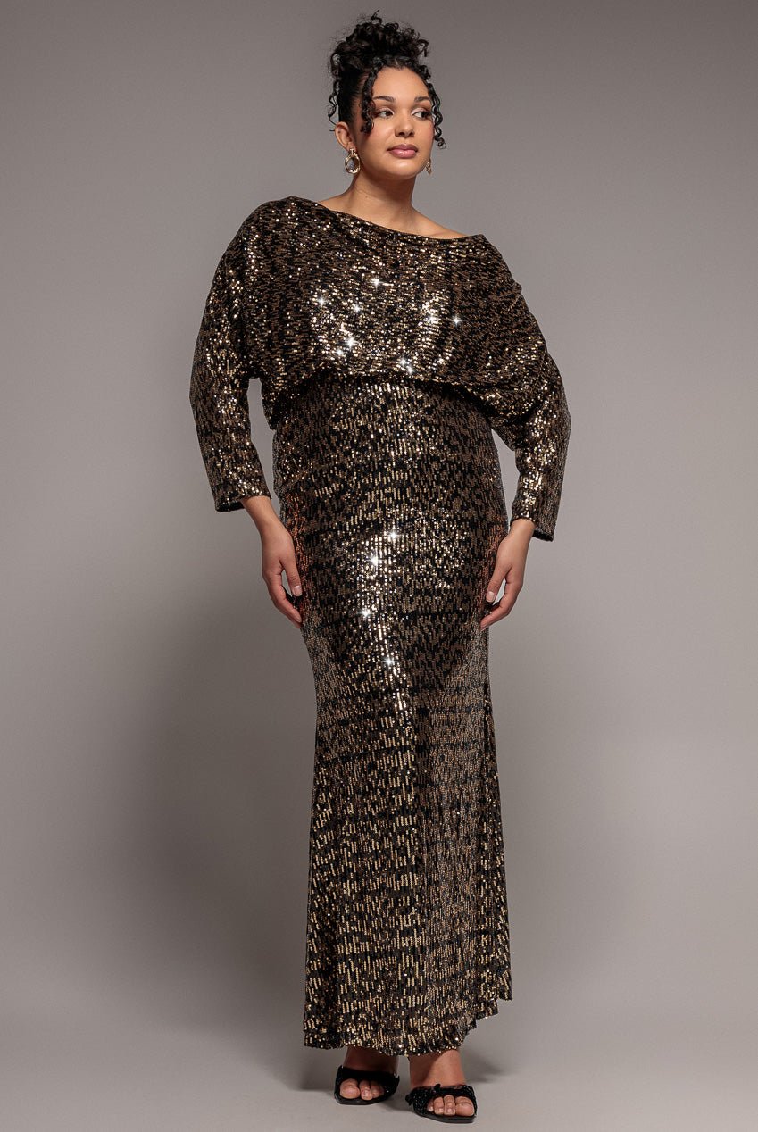 Goddiva Plus Sequin Cowl Maxi Dress – Black