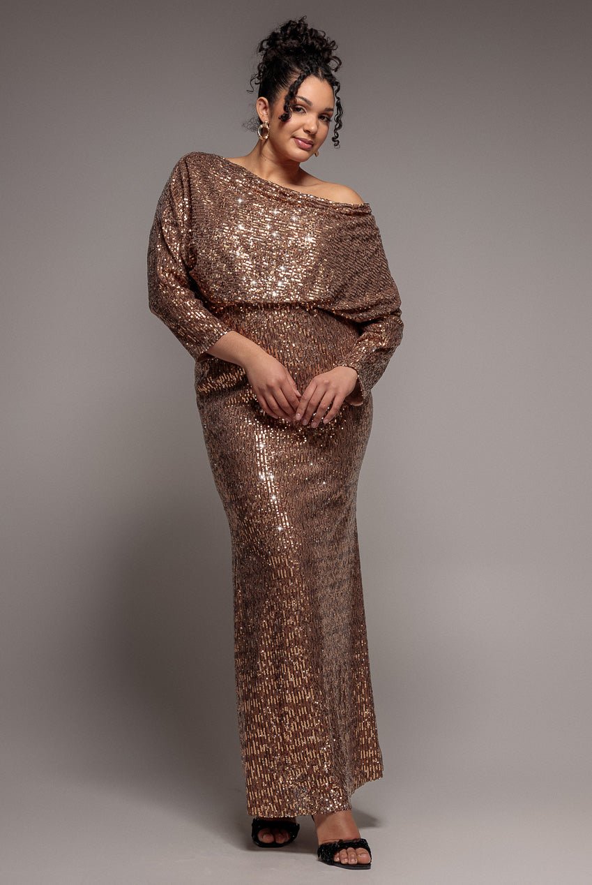 Goddiva Plus Sequin Cowl Maxi Dress – Bronze