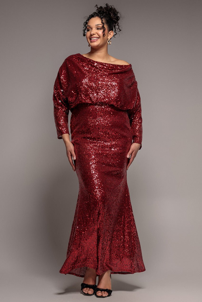 Goddiva Plus Sequin Cowl Maxi Dress – Wine