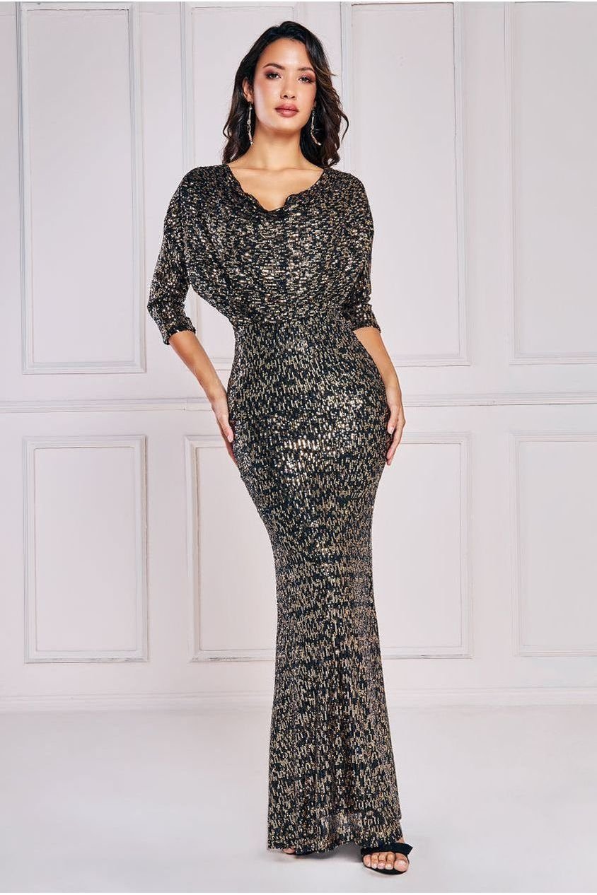 Goddiva Sequin Cowl Maxi Dress – Black