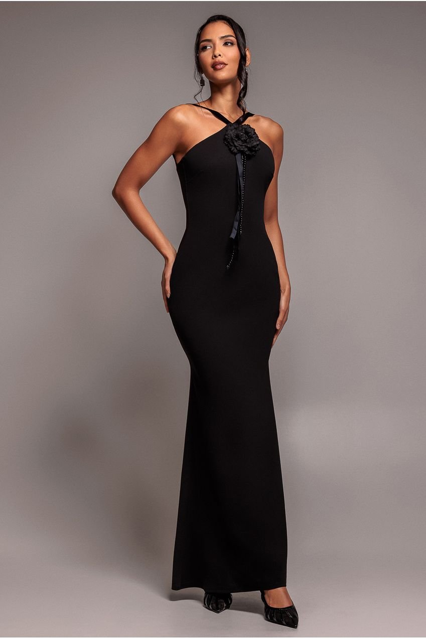 Goddiva Racer Neck Corsage Scuba Maxi – Black