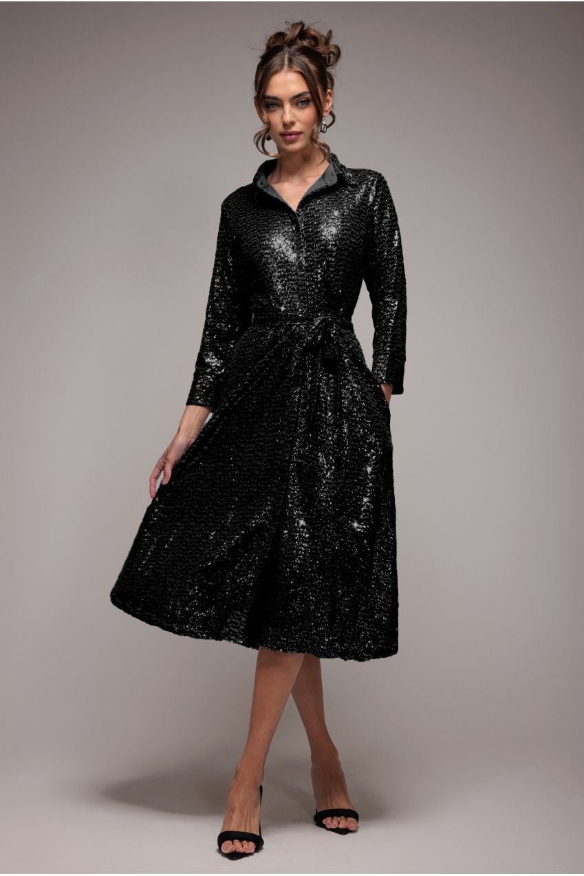 Goddiva Sequin Skater Shirt Dress – Black