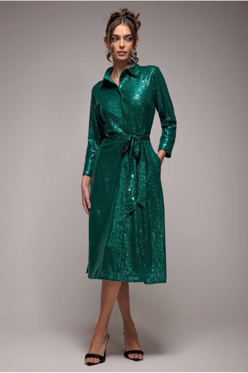 Goddiva Sequin Skater Shirt Dress – Emerald Green