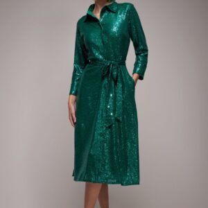 Goddiva Sequin Skater Shirt Dress - Emerald Green