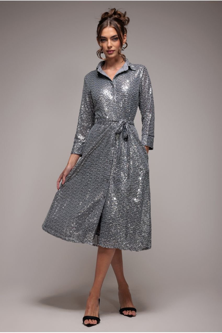 Goddiva Sequin Skater Shirt Dress – Silver