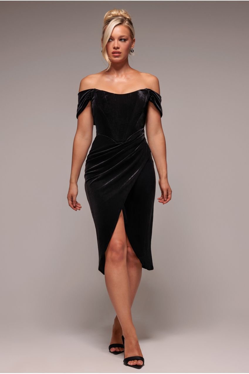 Goddiva Draped Shoulder Velvet Corset Midi Dress – Black