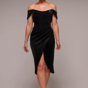 Goddiva Draped Shoulder Velvet Corset Midi Dress - Black