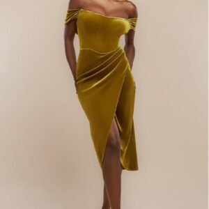 Goddiva Draped Shoulder Velvet Corset Midi Dress - Olive Green