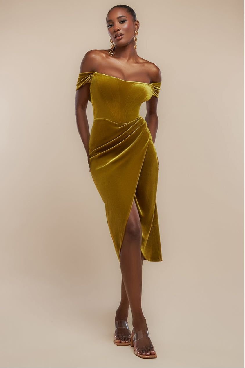 Goddiva Draped Shoulder Velvet Corset Midi Dress – Olive Green