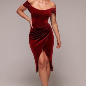 Goddiva Draped Shoulder Velvet Corset Midi Dress - Wine