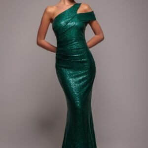 Goddiva One Shoulder Sequin Evening Maxi - Emerald Green