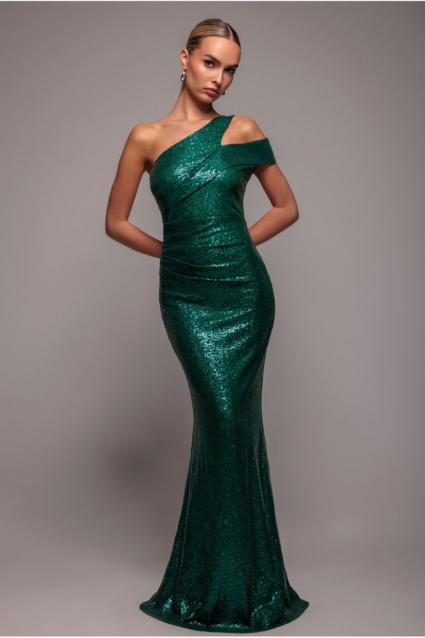 Goddiva One Shoulder Sequin Evening Maxi – Emerald Green